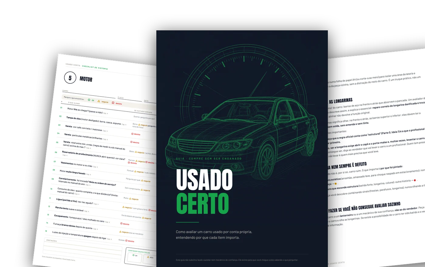 Guia Usado Certo: capa, página interna e checklist de vistoria para imprimir